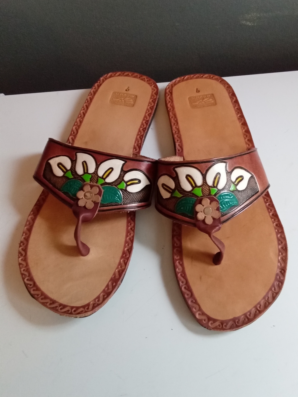Handmade Mexican Leather Huarache Sandals Floral Calla Lily Thong Slides Size 9